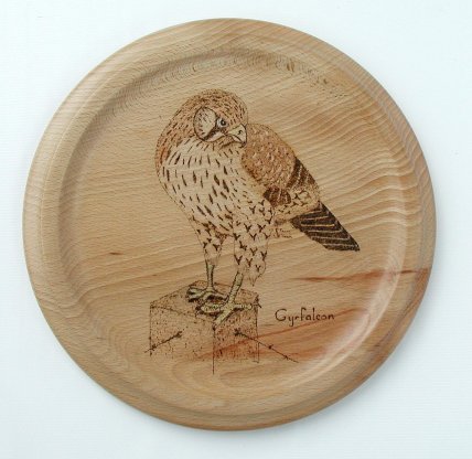 Beech Platter with Pyrographed Falcon by Peter Miles & Terry Peers
