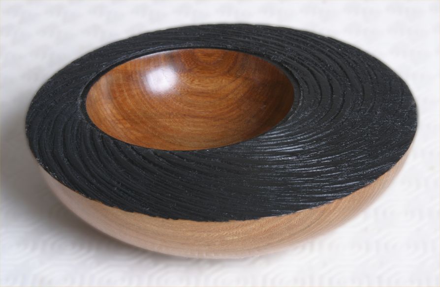 Offset, Textured and Ebonised Bowl in Elm by Gordon Mitchell